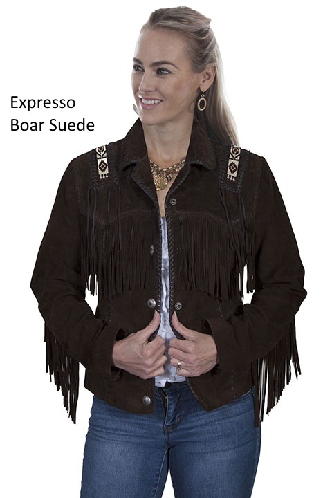 (image for) Ladies Hand Laced and Bead Trim Leather Jacket (XL / Expresso)